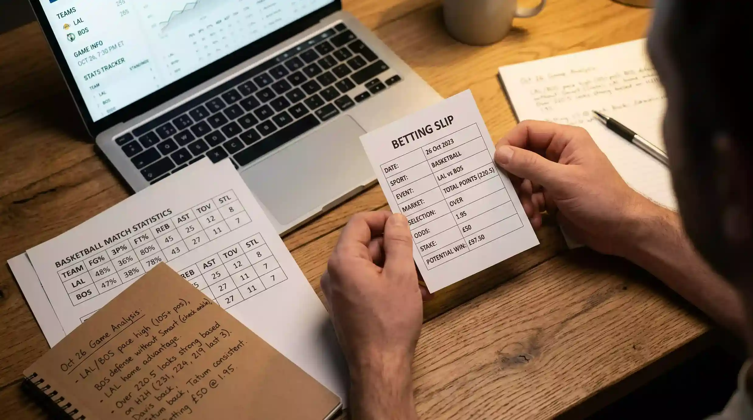 Punter studying NBA betting slip with statistical data and team matchup information
