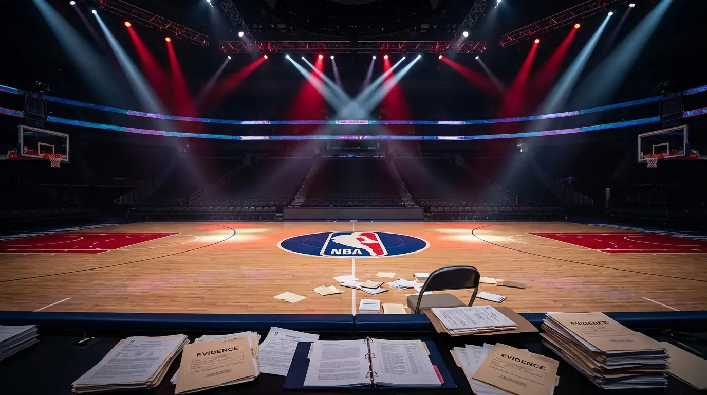 NBA basketball court under dramatic spotlights with evidence documents scattered courtside symbolising betting scandal investigation