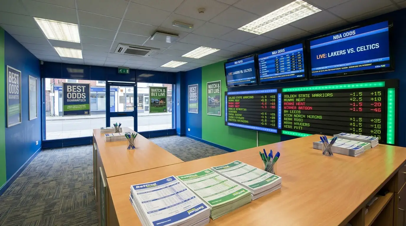 British high street betting shop interior with basketball betting displays and odds screens